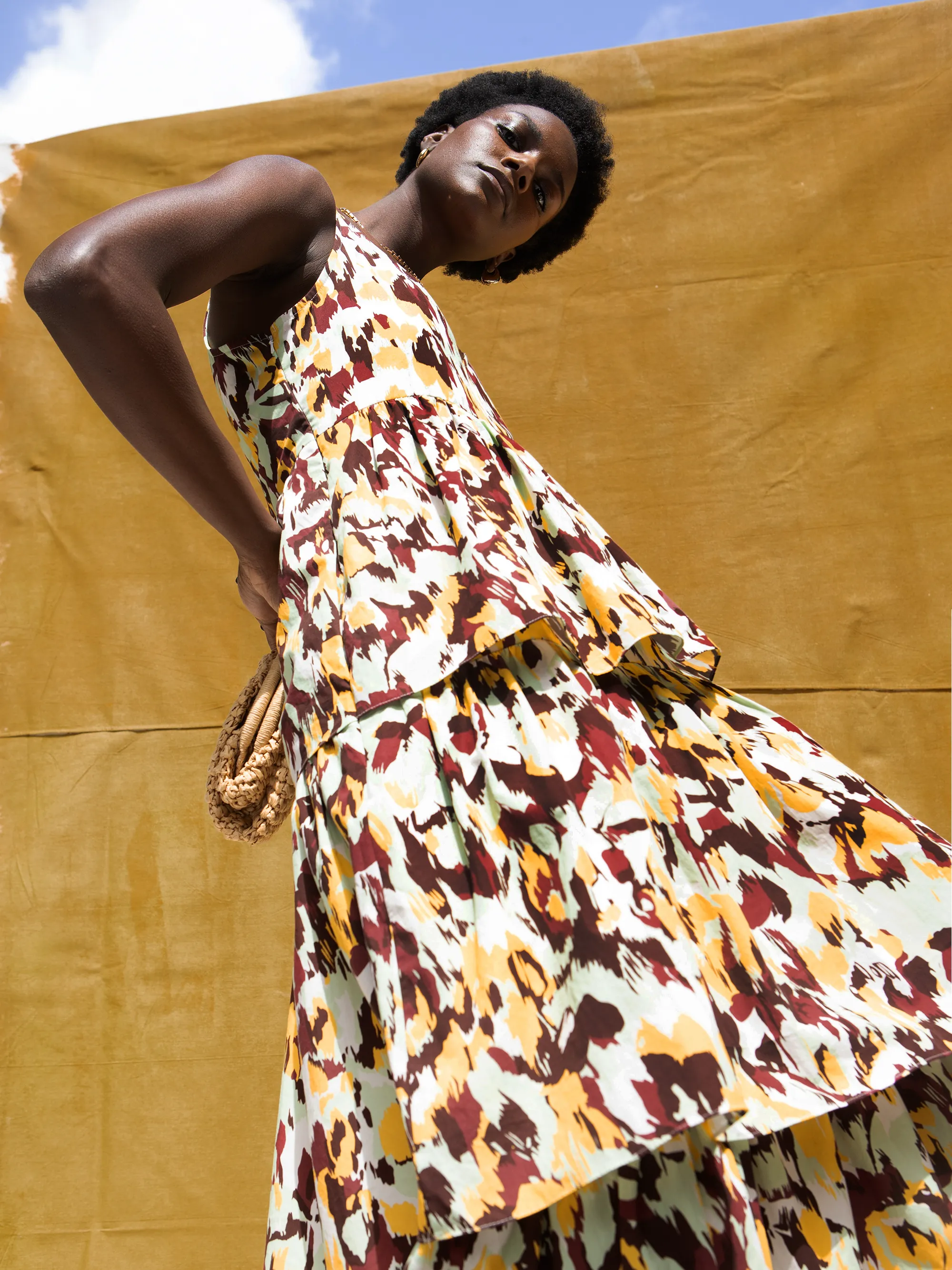 Yellow Confetti Printed Tiered Dress