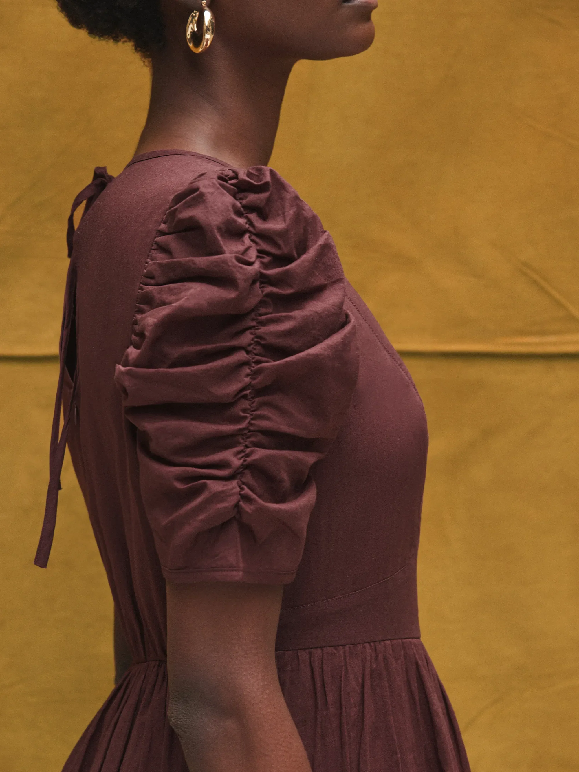 Chocolate Puff-Sleeve Cotton Midi Dress